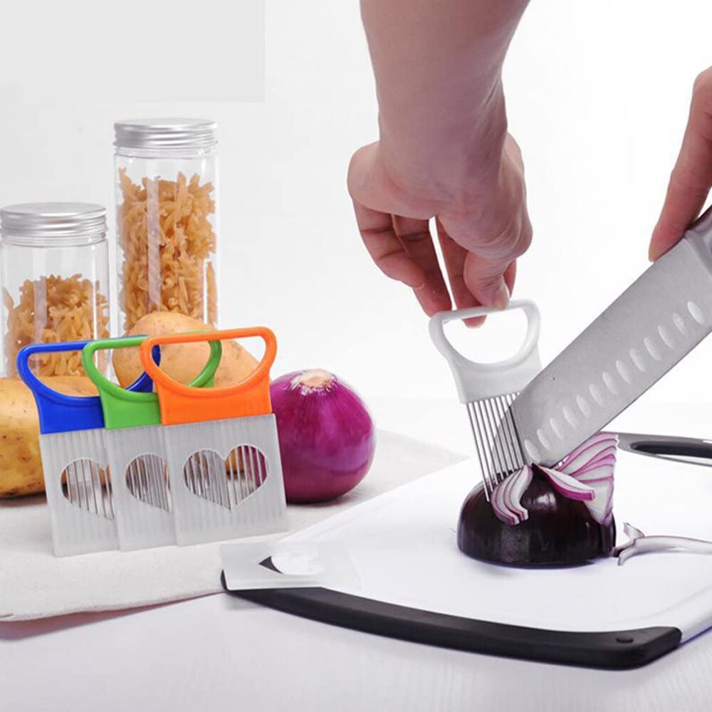 Kitchen Gadgets Stainless Steel Onion Holder Slicer Onion Slicer Tomato Vegetables Safe Fork Vegetables Slicing Cutting Tools