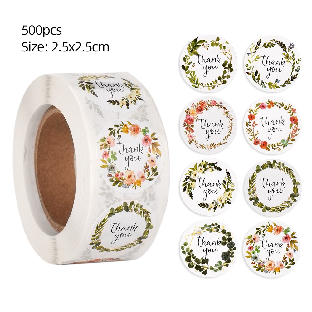 Adesivo redondo floral obrigado 500 peças/rolo, etiquetas de selo de pacote, círculo, papelaria, decoração, casamento, adesivo