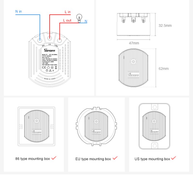 SONOFF D1 Smart Dimmer switch compatible with alexa google ewelink 86 type EU US type switch box RF433 remote controller base
