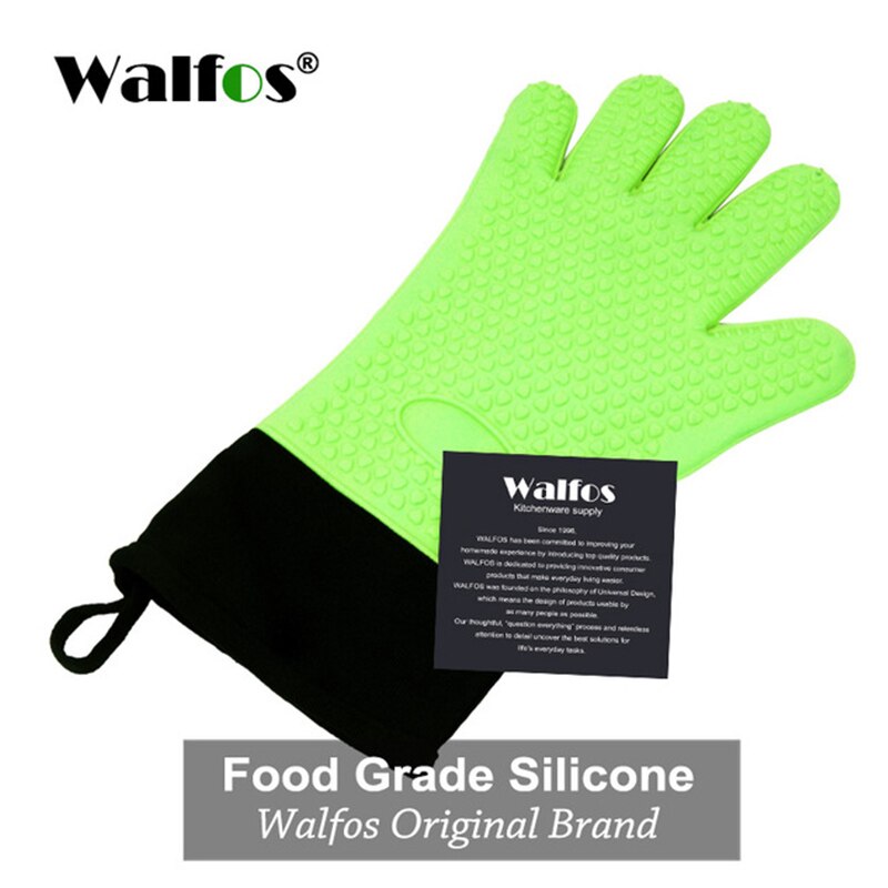 WALFOS long silicone kitchen glove-BBQ grill glove heat resistant cooking glove for grilling microwave oven mitts glove: Green