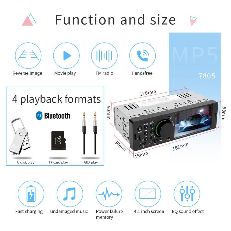 VODOOL 7805 4.1in TFT 1Din Car Stereo MP5 Player FM Radio BT USB AUX RC7805 1Din 4