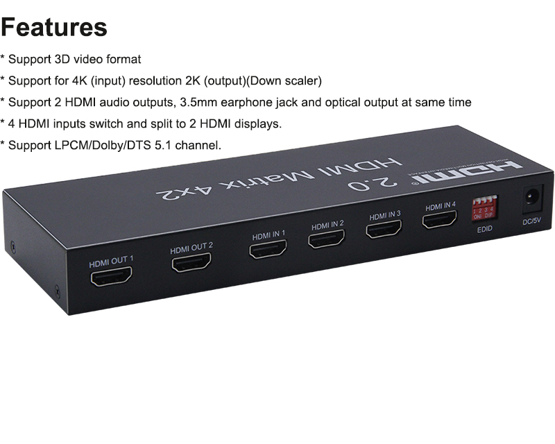 Matriz hdmi 2.0 4x2 4k, matriz hdmi 4x2 com áudio hdmi 2x2 matriz hdmi, interrupteur de matriz 4 en 2 diviseur 4k 60hz hdcp 2.2