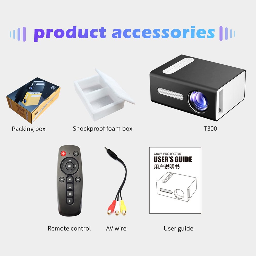Black T300 Portable Projector HD High-efficiency LED Projector Multi-interface Home Theater Video Projector