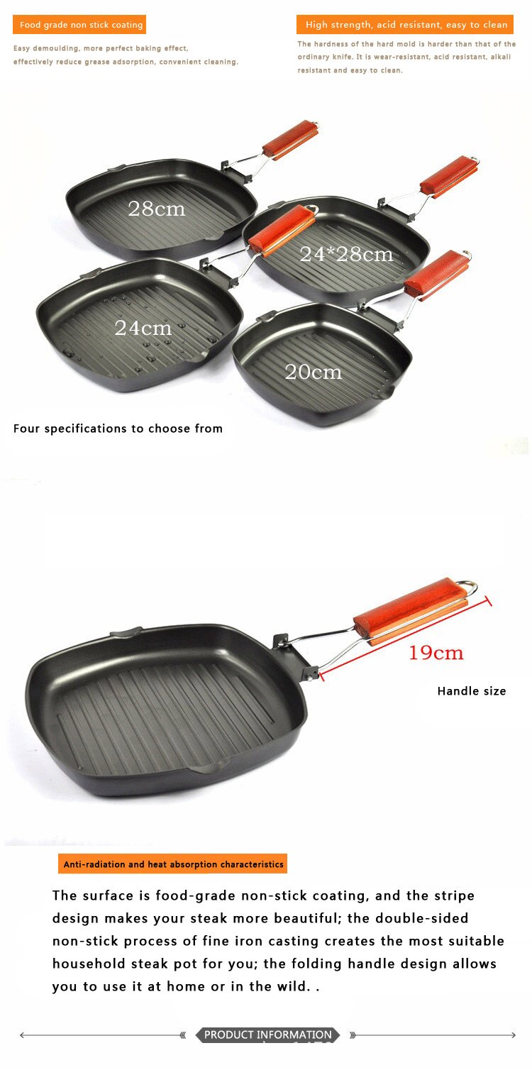 Non-Stick Steak Frying Pan Cast Iron Steak Grill Pans Frying Pan Wooden Handle Folding for Kitchen Fry Cooking Steak