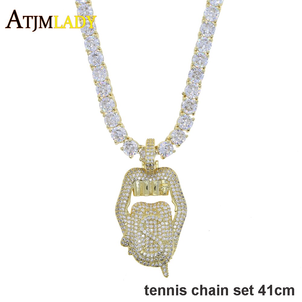 Iced out white pink mouth pendant Dollar symbol engraved hiphop bling cz pave tennis chain dripping Lip men boy necklace jewelry: gold set 41cm