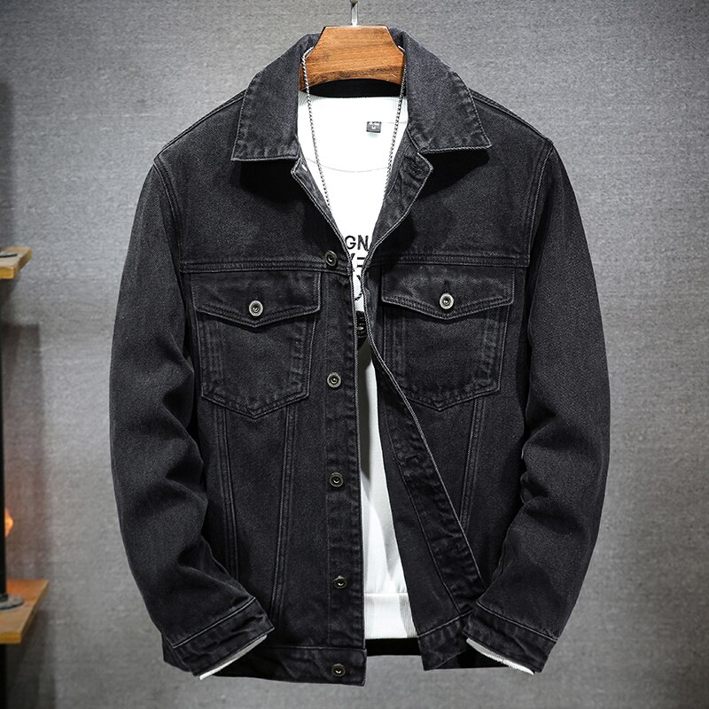 Chaqueta vaquera negra de S-7XL para hombre, abrigo informal holgado de gran tamaño, coreana, Hip Hop, ropa de de tendencia juvenil, primavera y otoño: Asia 6XL (120-130kg)