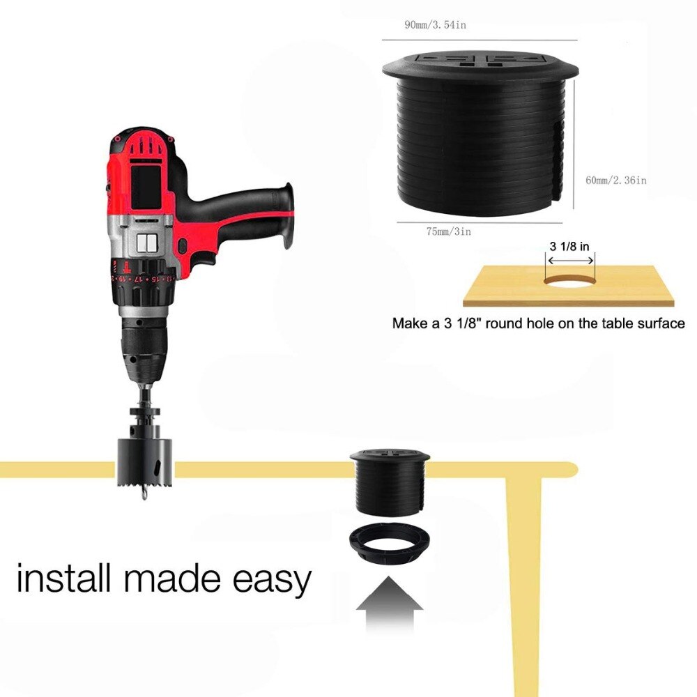 Desktop Power Grommet with USB,Hidden Power Socket. Desk Hole Grommet Outlet,Easy Access to 2 power Source Along with 4 USB Powe