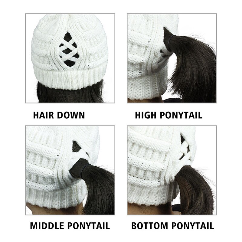 Gorro de cola de caballo para mujer, gorros tejidos para madre y niña, gorros gruesos y cálidos, gorras de color liso