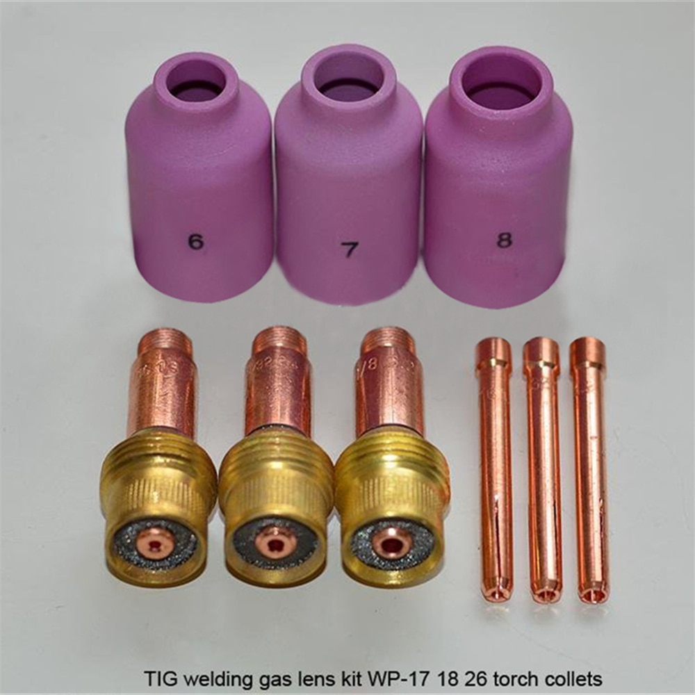KIT de lentes y pinzas de Gas TIG, boquilla de alúmina compatible con soplete de soldadura TIG, PTA DB SR WP 17 18 26 Series 9PK
