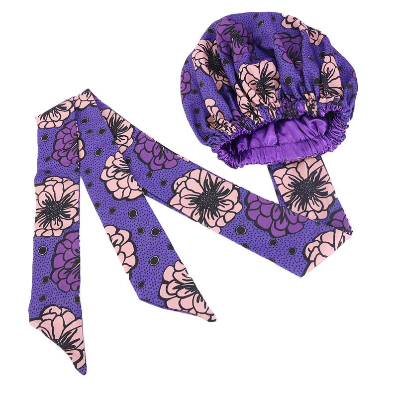 Gorros africanos para el pelo para mujer, gorro de satén con estampado, Cinta Larga de doble capa, con patrón, talla grande, 1 unidad, 38cm: Type 8