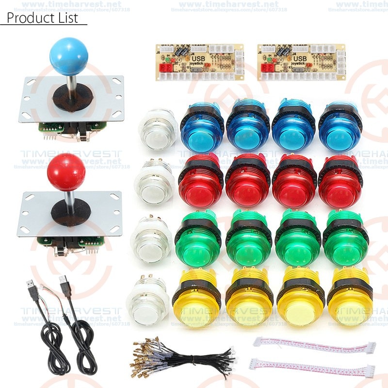2 Spelers Diy Arcade Joystick Kits Met 20 Led Arcade Knoppen + 2 Joysticks + 2 Usb Encoder Kit + kabels Arcade Game Onderdelen Set