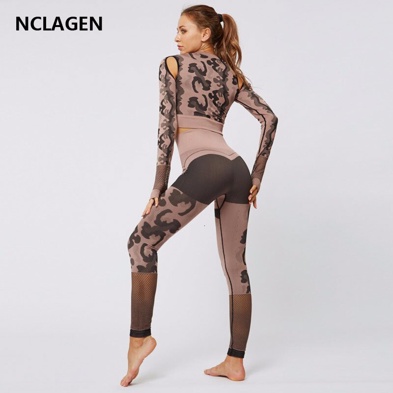 Yoga sæt sport kvinder fitness dragt nylon sømløs crop top hul langærmet skjorte leggings bodybuilding bukser nclagen