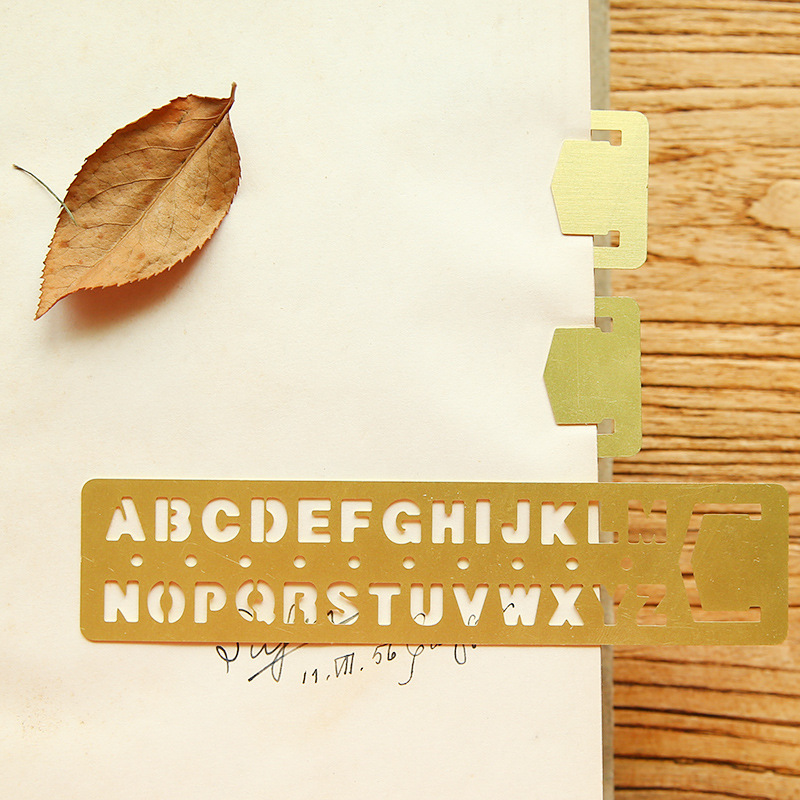 EZONE Number/Alphabet Pattern Ruler Golden Metal Drawing Template Multifunctional Hollow Out Brass Ruler Bookmark School Supply
