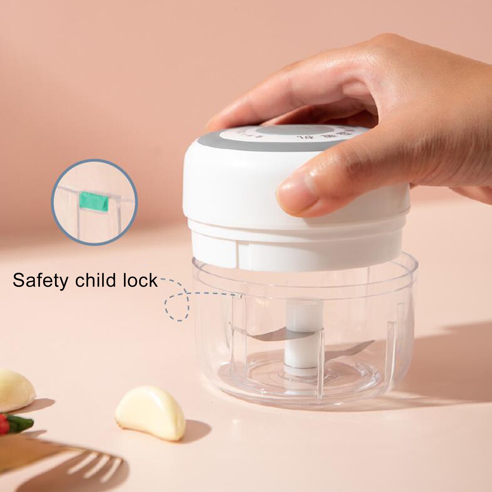 Picador de alho elétrico portátil de 250ml, mini picador de legumes, aço inoxidável, carregamento usb para moer alho, pimenta, carne