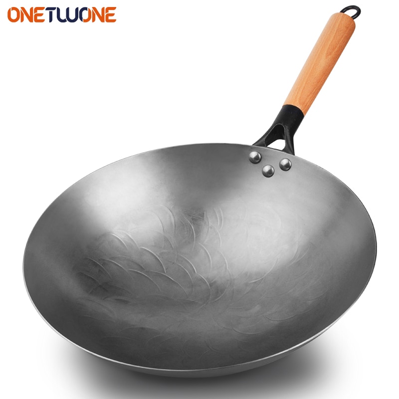 Casserole chinoise en fonte de 34CM, Wok à fond rond antiadhésif Non revêtu avec manche en bois de hêtre pour cuisinière à gaz, ustensiles de cuisine