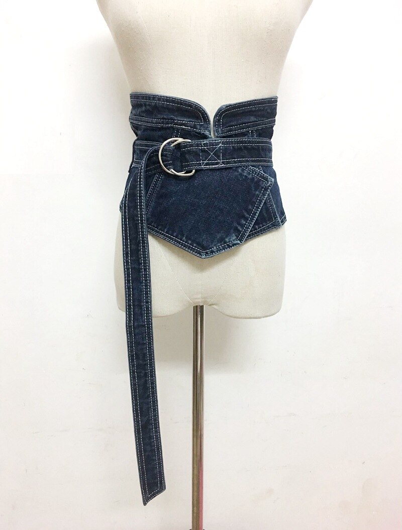 Cinturón de tela vaquera para mujer, cinturones como cintura ancho, Vintage, lavado,: Deep Blue