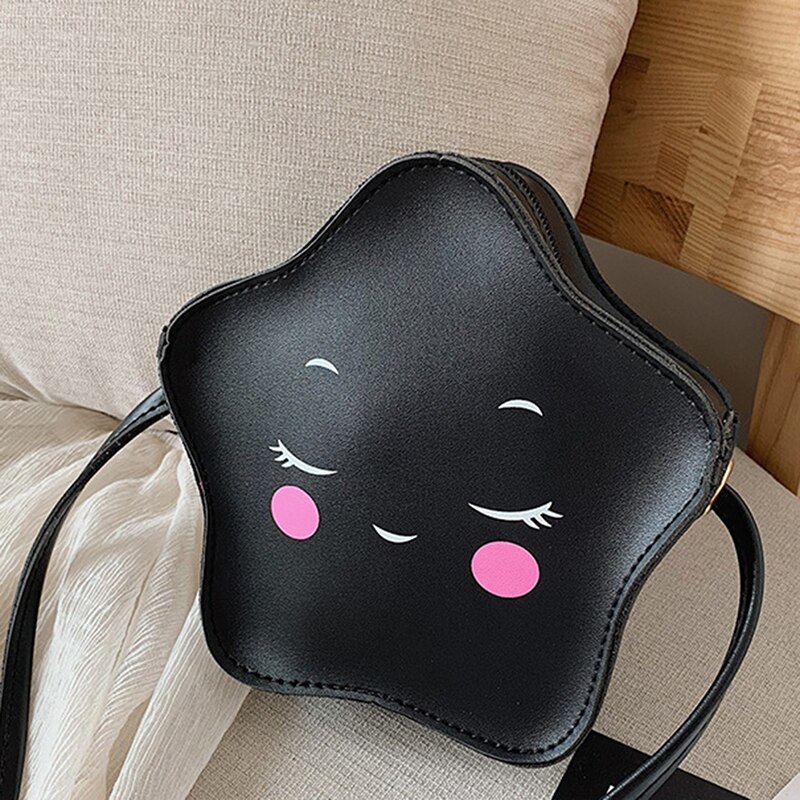 Pu leren mini crossbody tas met sterren voor meisjes, mooie kinderportemonnee, kleine schoudertas met rits en sterren messenger bag: Zwart
