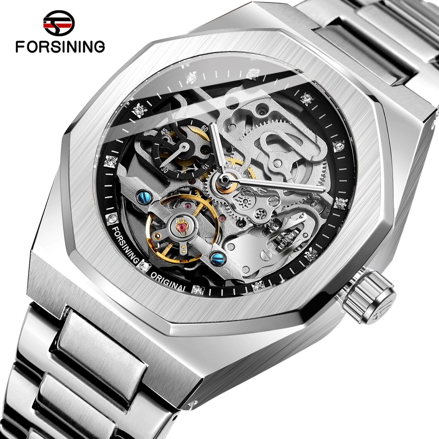 Forsining Automatic Mechanical Watch Luminous Three Eyes Six Needles Skeleton Top Brand Luxury Male Wrist Watch Wrist Clock: silver black