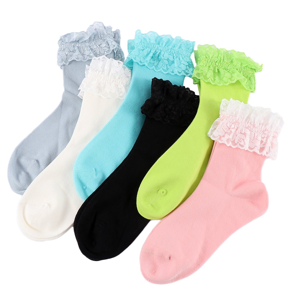 Women Vintage Lace Ruffle Frilly Ankle Socks Ladies Princess Girl Soild Color Cotton Socks 6 Color Available Harajuku