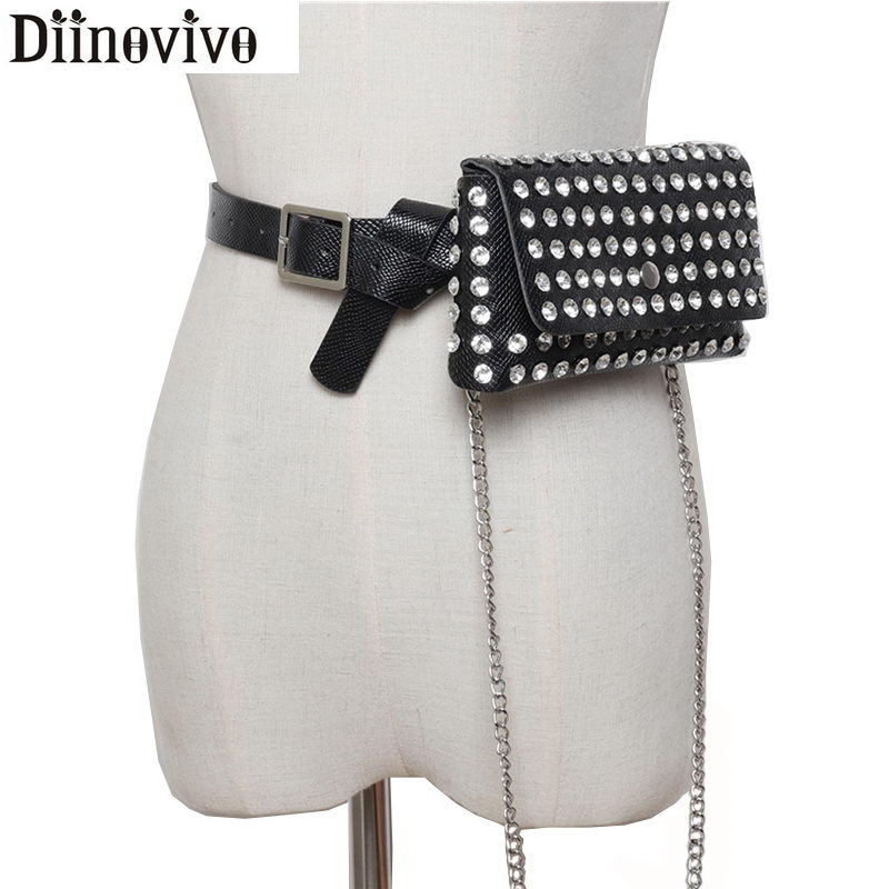 Diinovivo Diamanten Vrouwen Riem Bag Luxe Serpentine Taille Bag Vrouwelijke Modeketen Telefoon Crossbody Tas WHDV1032