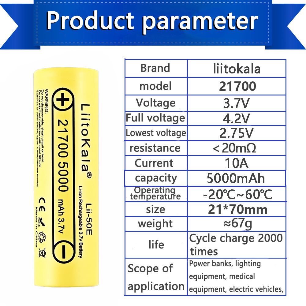 LiitoKala 21700 4800 5000mA Li-ion Battery 3.7V Discharger 35A Power battery High discharge battery E-tools battery