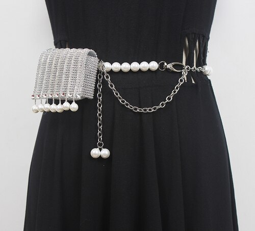 Silber Schwarz PVC Strass Taille Packungen Frauen Perle Kette Taille Gürtel Mit Münze Tasche Nette Mini Frauen Straße Perle Randbereich taille Tasche: Silber
