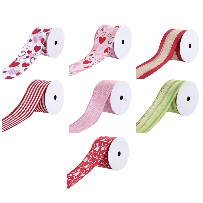 69HF 10 Yards Heart Stripe Printed Ribbon Valentine's Day Mother's Day Satin Ribbons for Wrapping DIY Craft