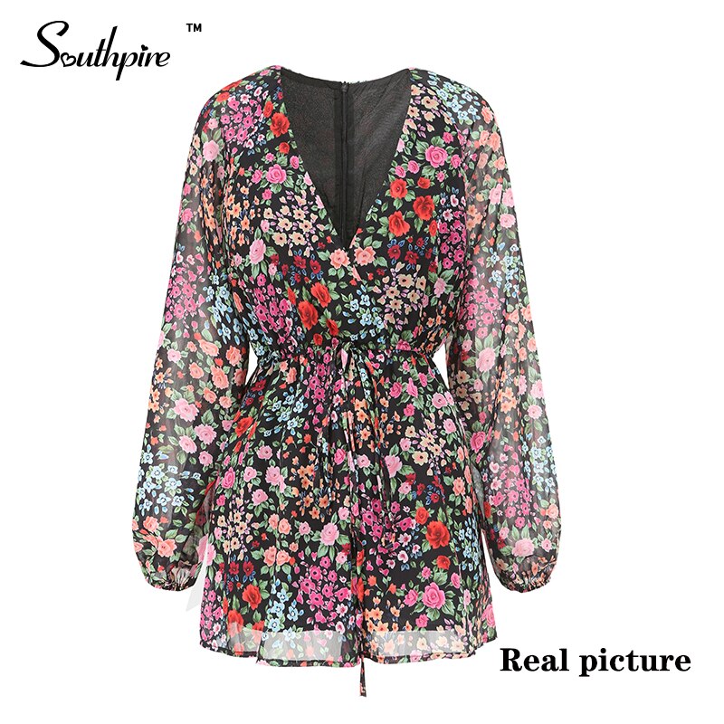 Southpire Flower Print Bohemian Playsuit Women Long Sleeve Spring Summer Loose Romper Female Day Casual Jumpsuit Overalls: L