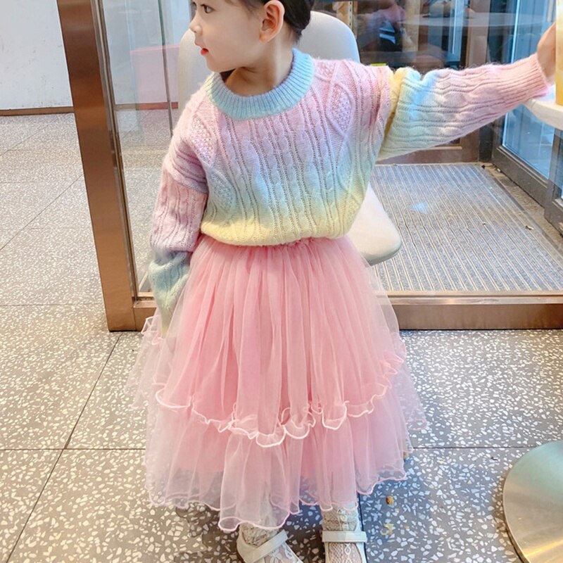Pull tricoté arc-en-ciel pour fille, pull ample à col rond, vêtement pour enfant de 3 à 11 ans, collection automne et hiver
