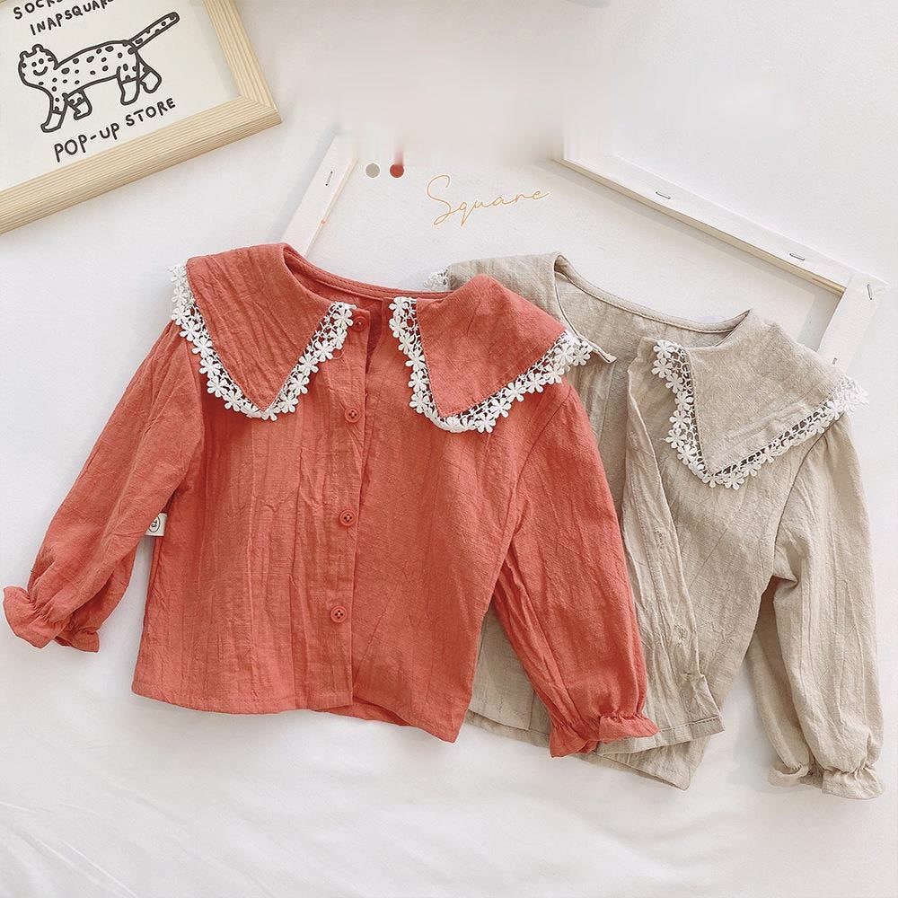 printemps bébé filles couleur unie col à fleurs à manches longues chemise