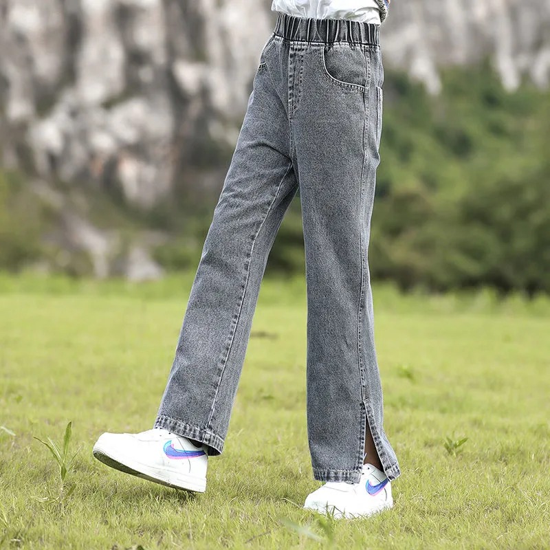 Pantalones vaqueros azules coreanos para niñas y adolescentes, pantalón largo de pierna ancha, para primavera, 4, 5, 6, 8, 9, 10, 12, 14 y 16 años: black grey / 5 años