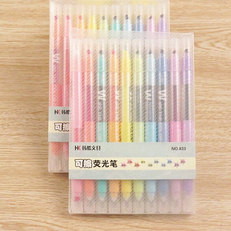 Rotuladores borrables de doble punta, marcadores fluorescentes con dos cabezales que se pueden borrar, subrayadores escolares, set/10 unidades, bonitos colores