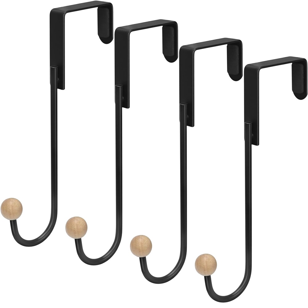 Crochets de porte au-dessus de la porte, paquet de 4, crochets de suspension de porte, crochet robuste, porte-manteau, salle de bains, cuisine, support de rangement d'organisation à domicile: Black