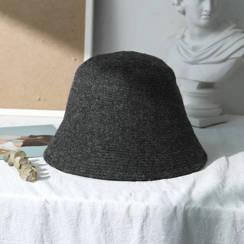 Solid Wool Bucket Hat Women Autumn Winter Fisherman Hat Vintage Knitting Wool Basin Cap: GRAY