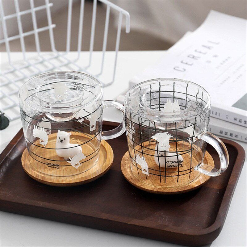 Nordic cute 3d alpaca glass mug with bamboo lock heat resistant transparent office milk coffee tea breakfast cup drinkware