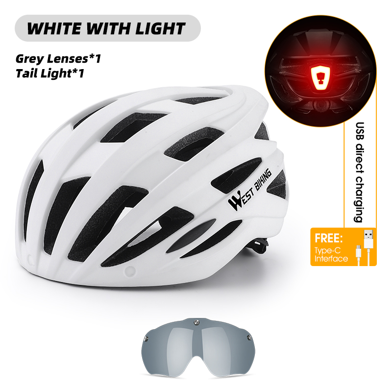 WEST BIKING-casco de ciclismo para hombre y mujer, gafas con luz trasera, visera para el sol, casco para bicicleta de montaña y carretera, gorra segura para motocicleta: Morado
