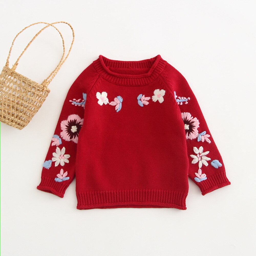 Baby meisjes geborduurde bloemen breien sweaterround kraag trui baby mooie bloemen jas kids