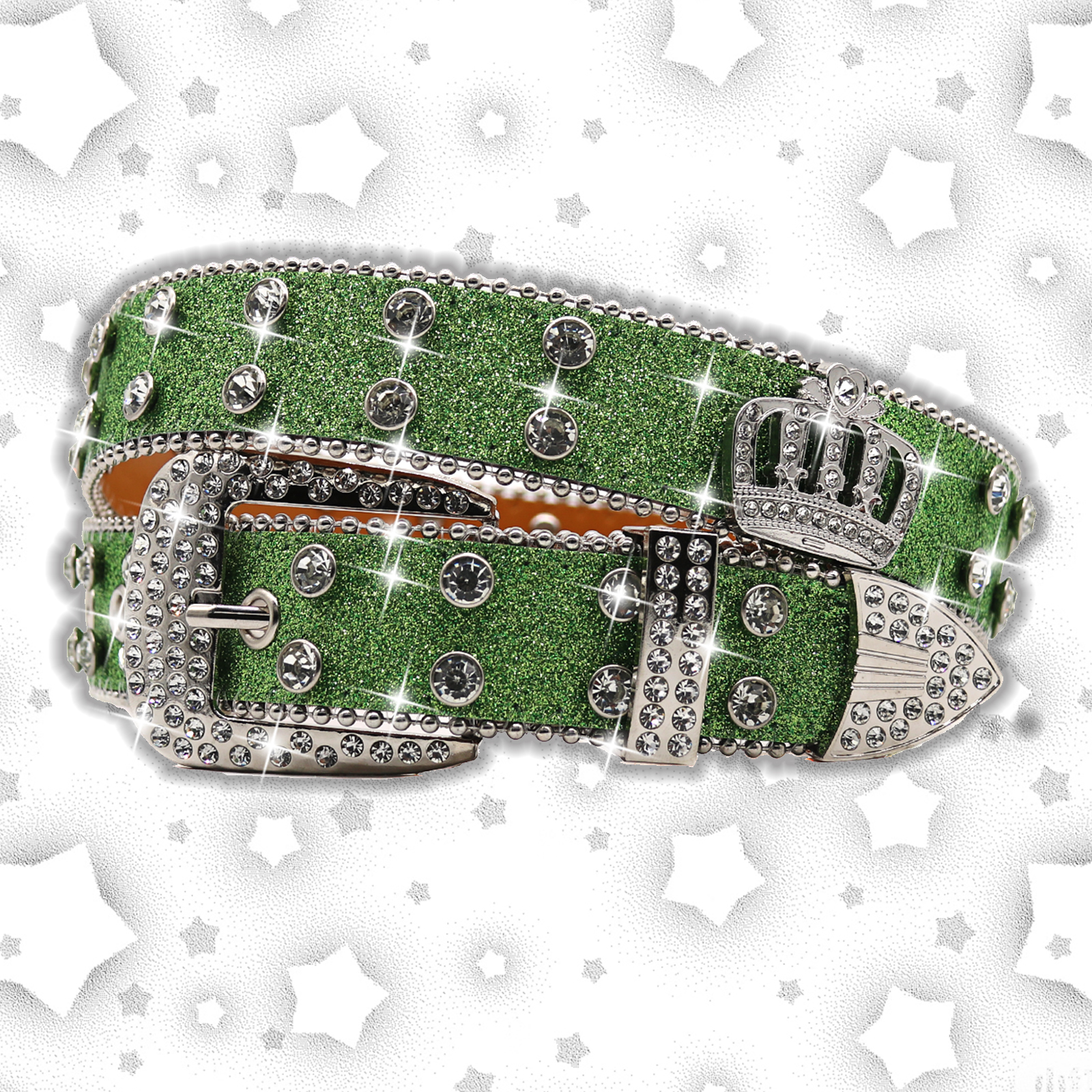 Heren Jeans Kroon Strass Y2K Stijl Riem Riem Damesriem Western Denim Glanzend Klinknagel Leer HipHop Punk Rock: green / 115 CM
