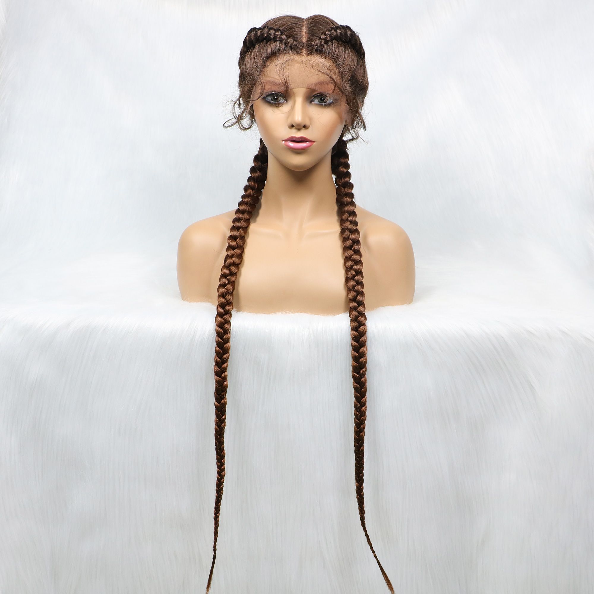 Pelucas trenzadas sintéticas con encaje frontal de 36 pulgadas de largo, peluca con trenzas para gemelos holandeses con pelo de bebé para mujeres negras: #1B