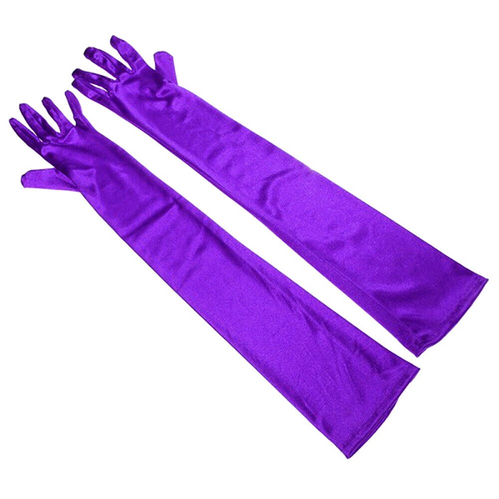 Guantes largos de satén elásticos, lisos, de seda de colores, hasta el codo, de estilo básico para mujer: Púrpura