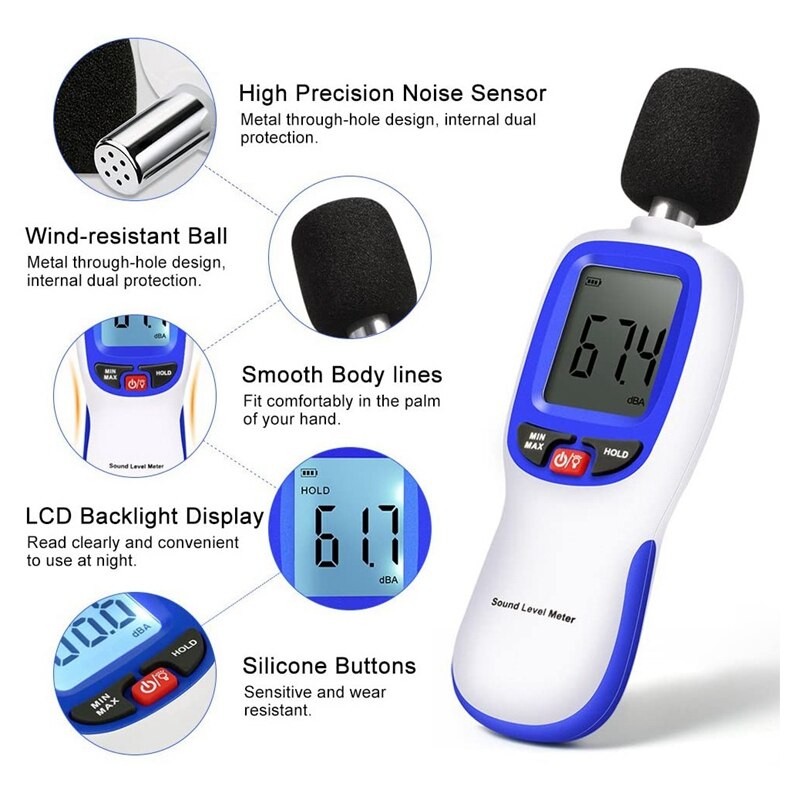 Sound Level Meter Portable Digital Decibel Meter, o Noise Measurement 30-130Dba Maximum/Min HOLD Data LCD Backlight