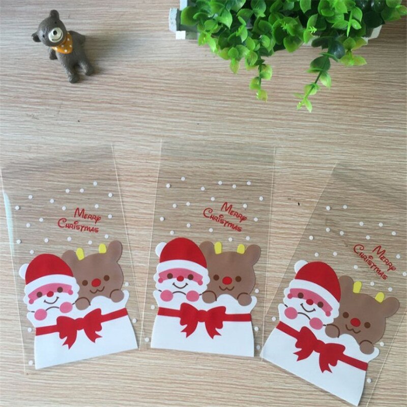 100X Kerst Cellofaan Zakjes Party Cookie Sweet Candy Biscuit X-mas Bag 10*15 + 3 cm