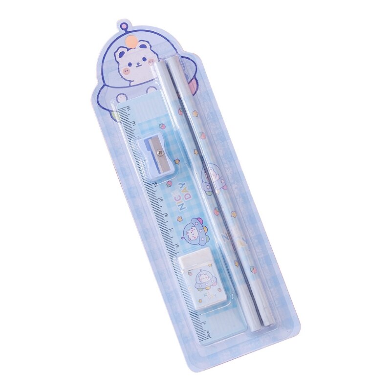 39XC 5PCS Multifunctional School Office Stationery Set Included Pencils Eraser Ruler: Blue