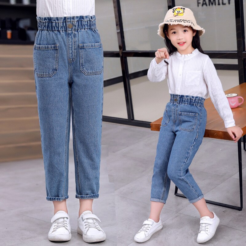 Vår og høst barn klær jenter høy midje jeans bukser blå slim fit denim materiale for jenter bukser bukser klær
