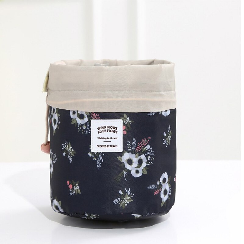 Women makeup bag Drawstring Cosmetic Bag Round Travel Organizer Make Up Case Storage Pouch Toiletry Beauty Kit Necessaries: White flowers