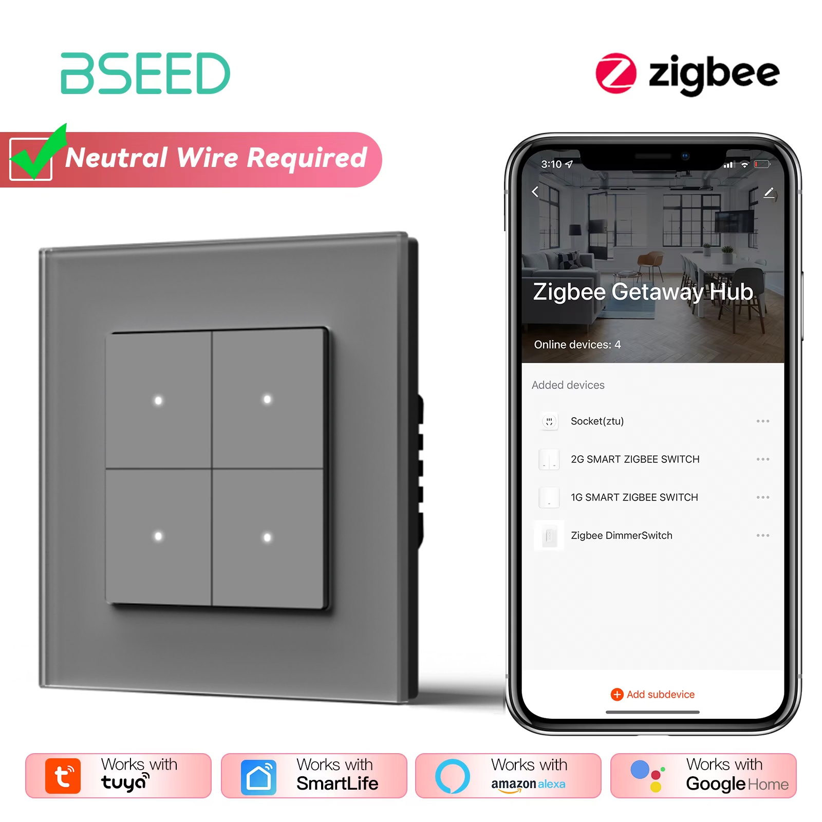 BSEED Zigbee przełączniki klikowe seria 1/2/3/4banda inteligentne przełączniki światła naścienne żółte podświetlenie szklana ramka Tuya APP UE przełączniki schodowe: BŁĘKITNY