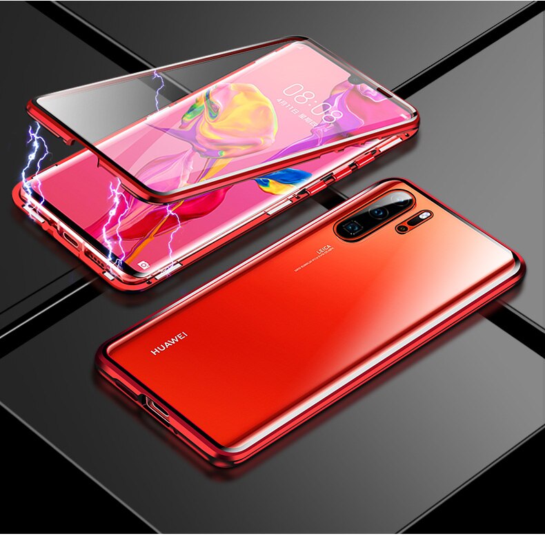 Magnetic Absorption Metal Flip Case for Huawei P30 P30Lite P30Pro Cover Double Sided Tempered Glass for Huawei P30 Pro Case: Huawei P30 / Red