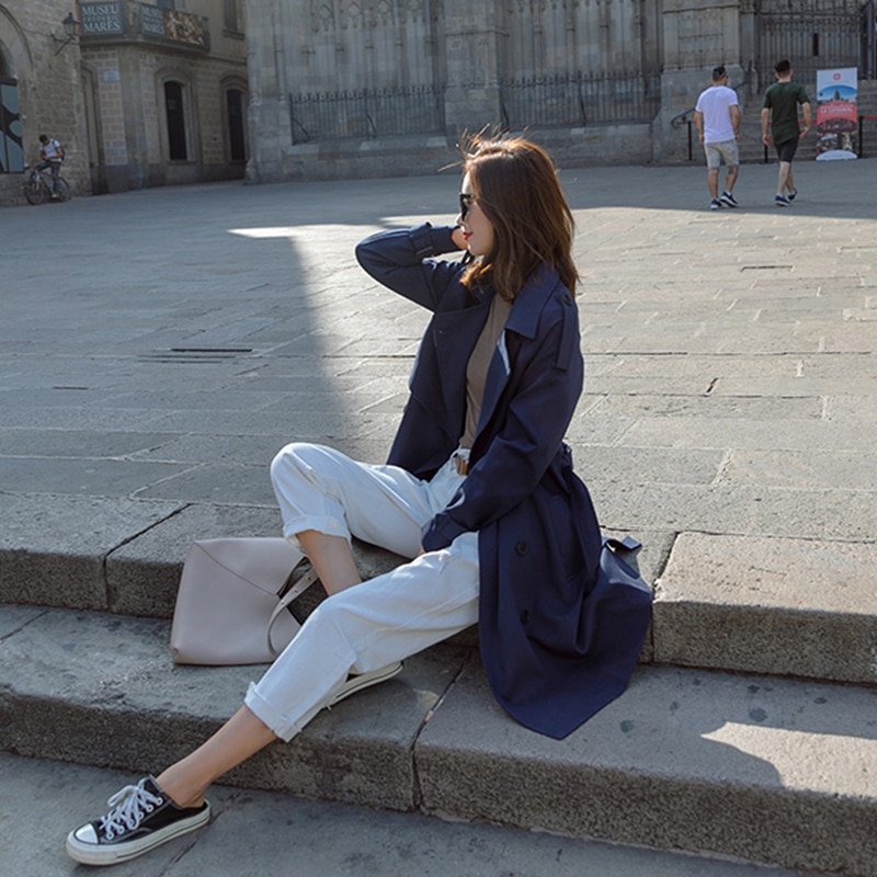 Autumn Long Trench Coat Women Classic Double Breasted Belt Windbreaker Trench Coat Casual Business Outwear