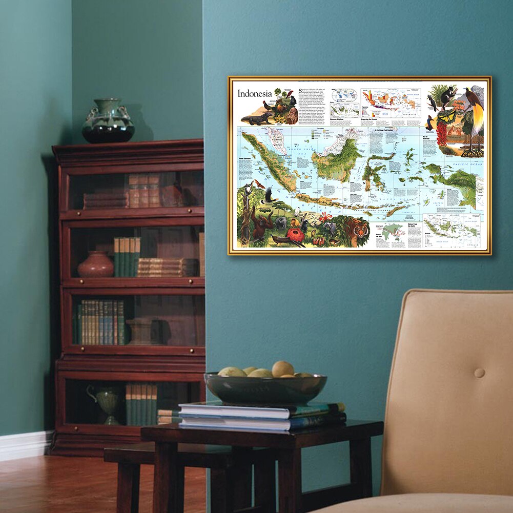 90*60cm Map of Indonesia Retro Wall Art Poster Canvas Painting Fabric Cloth School Supplies Living Room Home Decoration