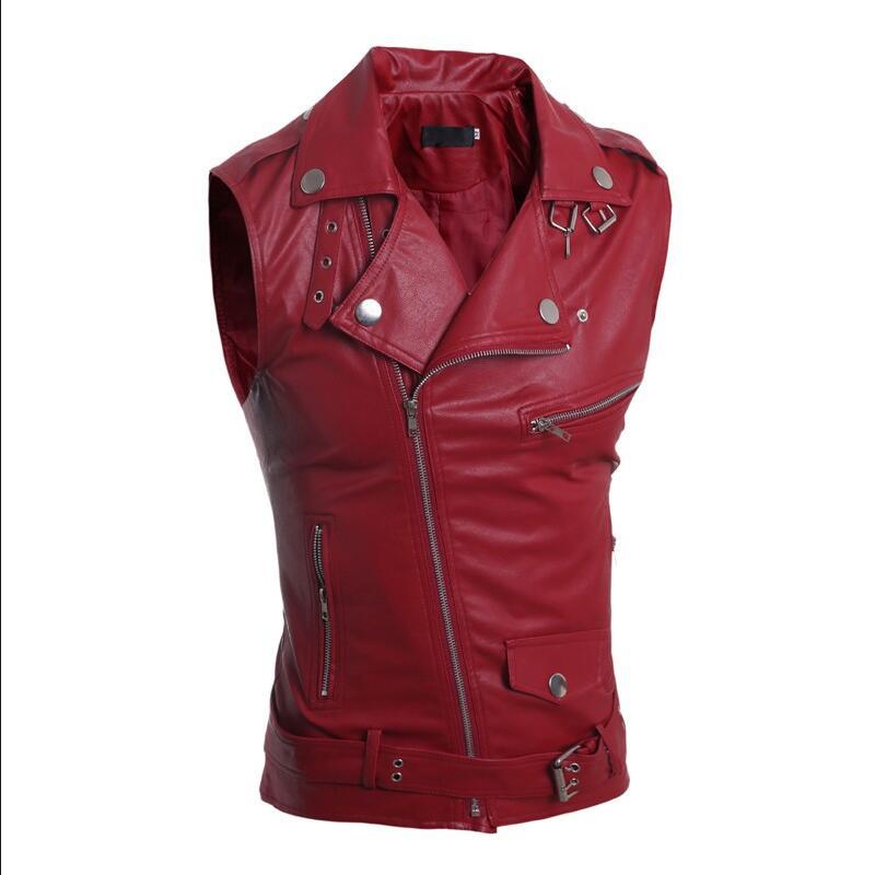 Summer Mens Casual Vest PU Leather Lapel Collar Male Zipper Vest Slim Fit Sleeveless Chalecos Para Hombre: red / M